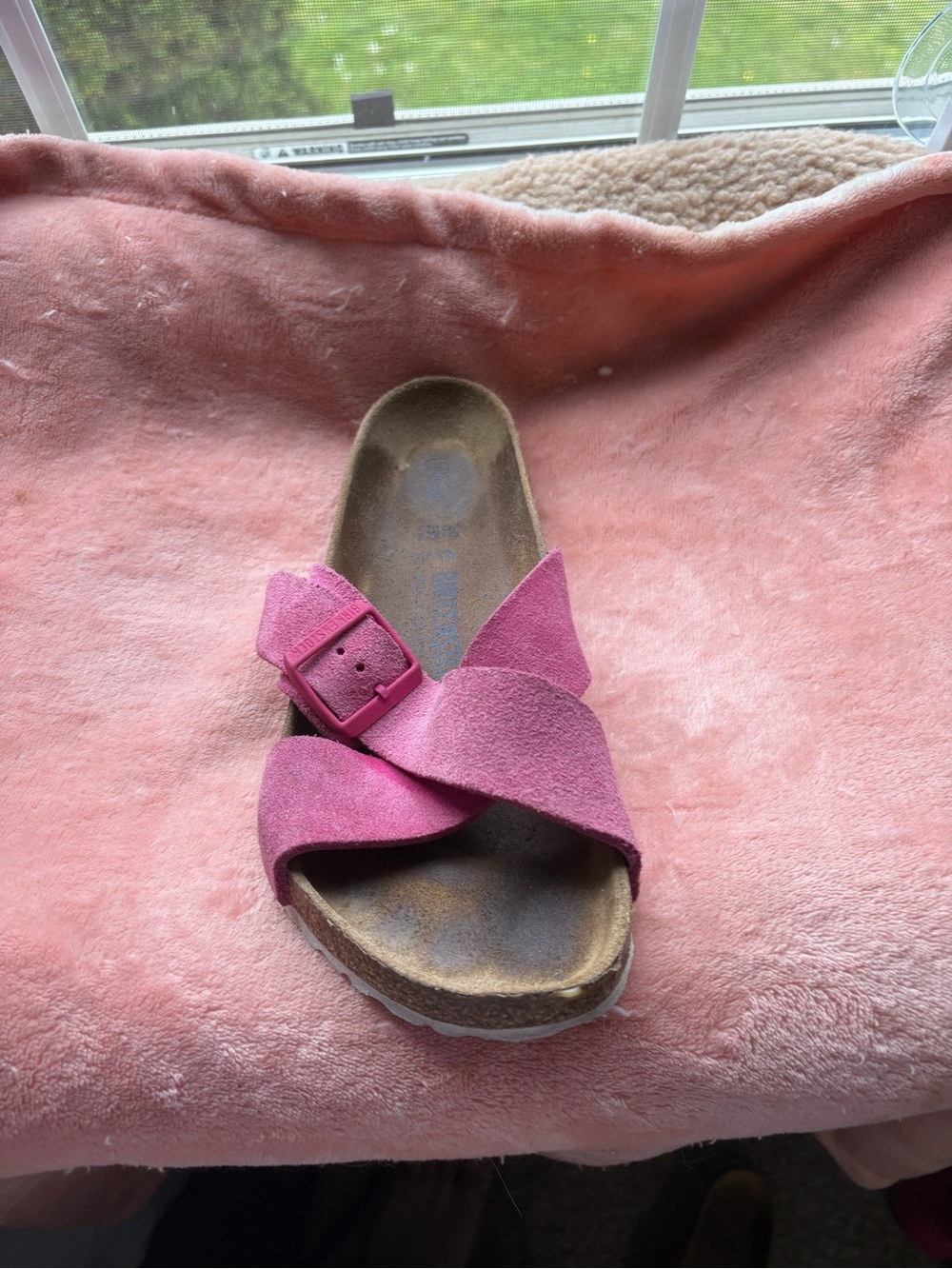 Birkenstock Pink Suede Crossover Slide Sandal - Women's